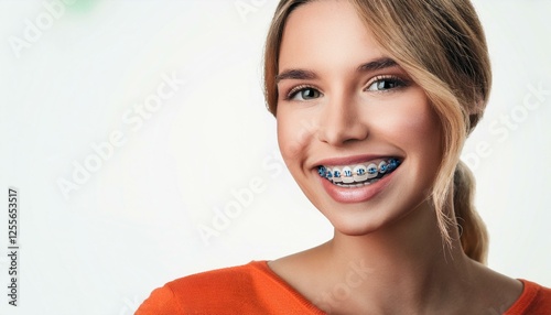 Smiling with dental braces closeup