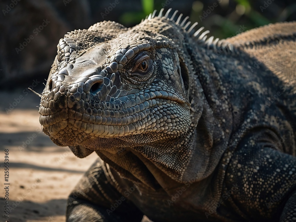 Close-up Portrait of a Sunbathing Iguana Showcasing Intricate Skin Texture in Its Tropical Habitat Close-up Portrait of a Sunbathing Iguana Showcasing Intricate Skin Texture in Its Tropical Habitat