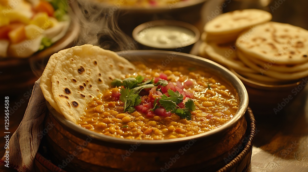 A homely Indian dinner scene, a family table set with a steaming bowl of dal tadka, fresh rotis stacked in a cloth-lined basket, small bowls of pickles and yogurt, cozy and inviting atmosphere, A homely Indian dinner scene, a family table set with a steaming bowl of dal tadka, fresh rotis stacked in a cloth-lined basket, small bowls of pickles and yogurt, cozy and inviting atmosphere,