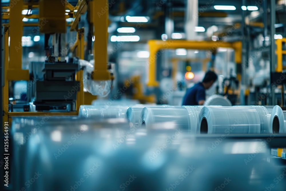 Fototapeta premium Automated Factory: Robotic Arms Produce Plastic Film Rolls Efficiently in Modern Manufacturing Plant