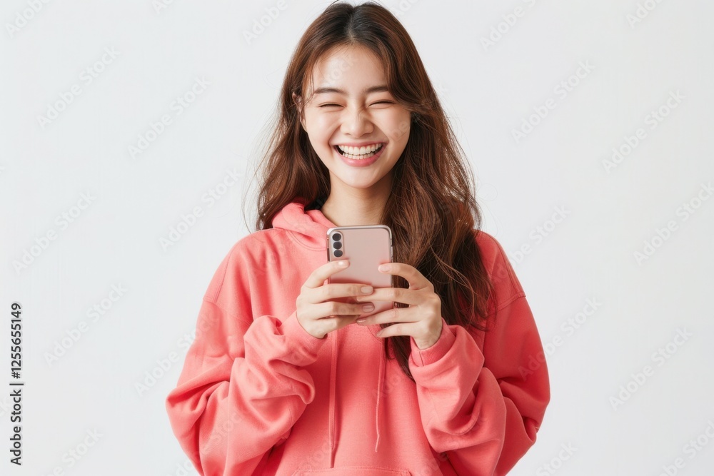 Elated Asian woman holding her smartphone, celebrating her big win with a wide smile, white backdrop Elated Asian woman holding her smartphone, celebrating her big win with a wide smile, white backdrop