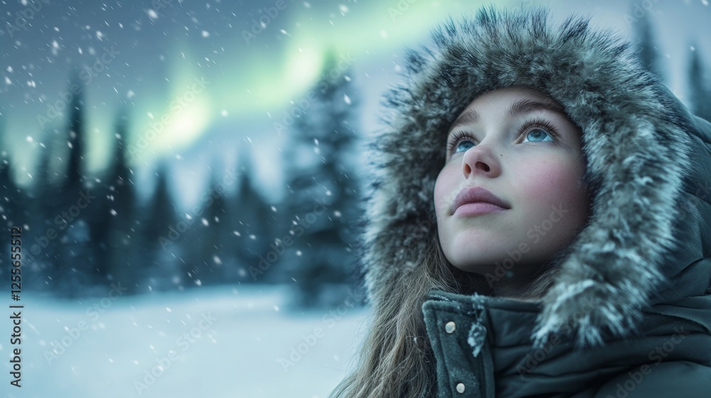 portrait of a beautiful woman in Alaska watching the northern lights portrait of a beautiful woman in Alaska watching the northern lights