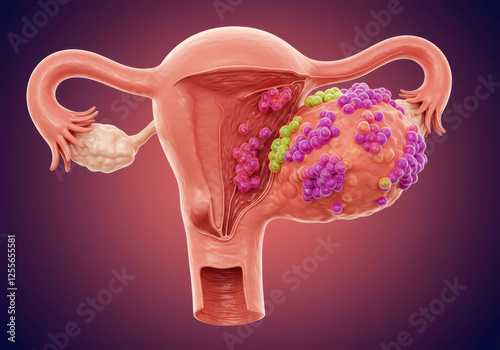 3D Illustration of Polycystic Ovary Syndrome, Comparing Healthy Ovary to Cystic Ovary with Hormonal Imbalance