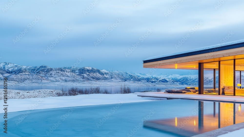 Fototapeta premium Development Geothermal Design. Modern cabin with pool overlooking snowy mountains at dusk.