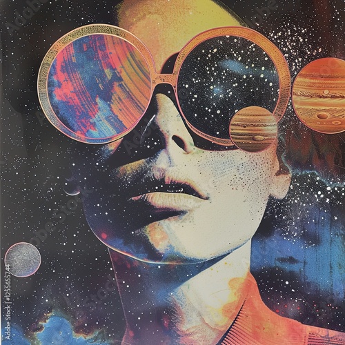 Pop culture and cosmic exploration, featuring a stylish female figure in a dreamlike galaxy setting. Album covers, social media content, fashion prints, creative branding.
