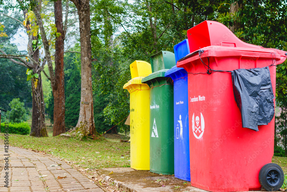 Garbage separate containers for hazardous, general, biodegradable and recycle waste in tropical park on the path. Red, blue, green and yellow bins at park. Waste classification for recycling. Garbage separate containers for hazardous, general, biodegradable and recycle waste in tropical park on the path. Red, blue, green and yellow bins at park. Waste classification for recycling.
