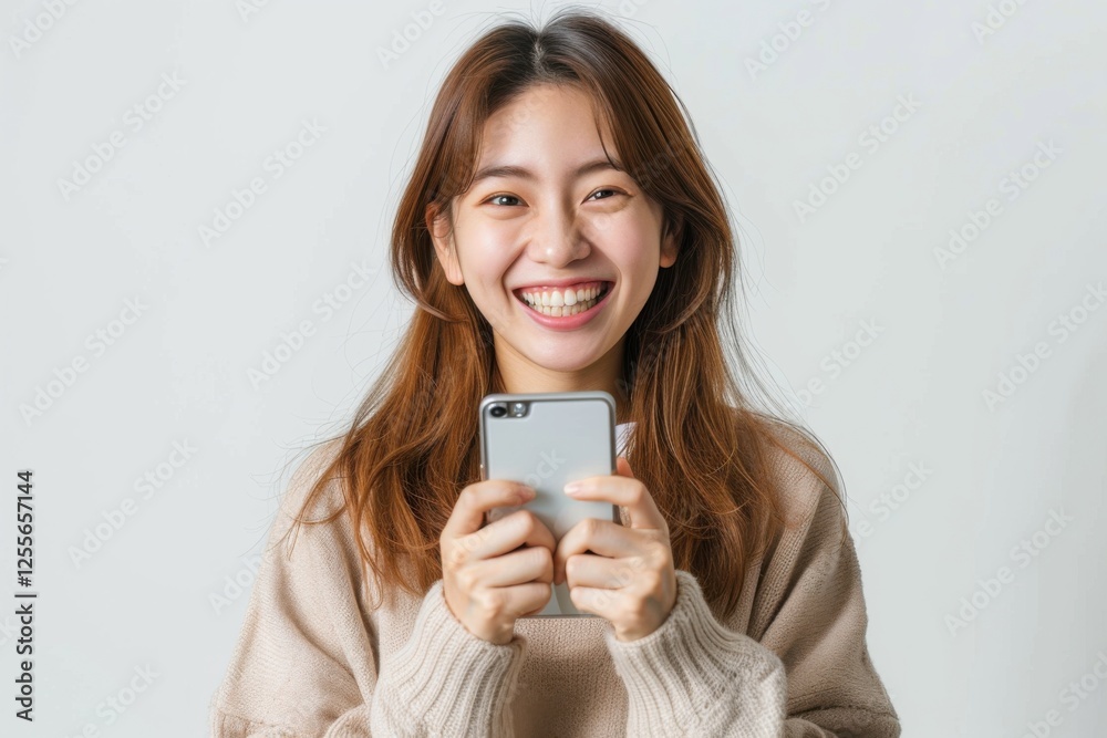 Elated Asian woman holding her smartphone, celebrating her big win with a wide smile, white backdrop Elated Asian woman holding her smartphone, celebrating her big win with a wide smile, white backdrop