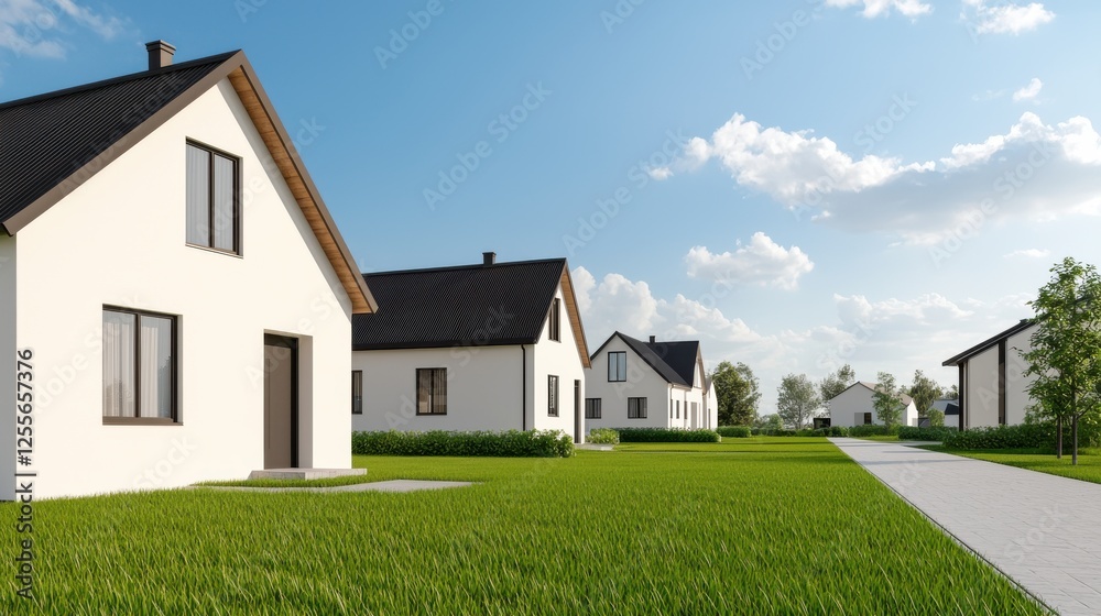 Development Geothermal Design. Modern homes in a serene neighborhood with green lawns and blue skies.