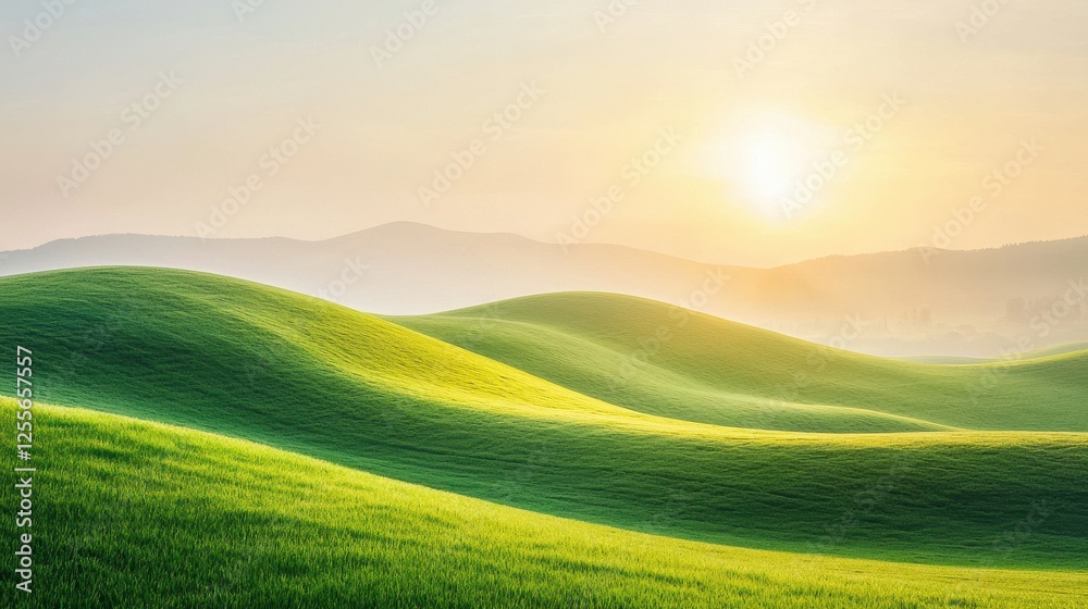 Development Geothermal Design. Serene landscape with rolling green hills under a sunrise. Development Geothermal Design. Serene landscape with rolling green hills under a sunrise.