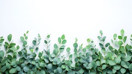 Flat lay of green eucalyptus leaves arranged on a white wall creating a natural border design