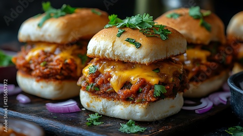 A modern take on pav bhaji, served as a loaded cheesy pav slider with spicy bhaji filling, melted cheese dripping, golden toasted buns, garnished with fresh coriander and red onions,