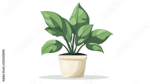 A digital illustration depicts a potted houseplant against a white background. The plant features several large, ovate leaves with prominent veins, rendered in various shades of green.  The