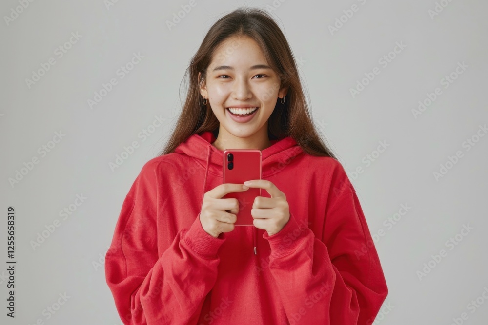 Elated Asian woman holding her smartphone, celebrating her big win with a wide smile, white backdrop Elated Asian woman holding her smartphone, celebrating her big win with a wide smile, white backdrop