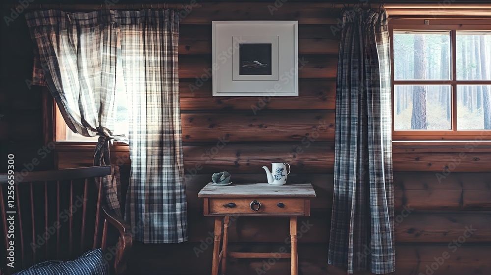 A wooden lodge with plaid curtains, a small vintage side table, and a white frame above. A wooden lodge with plaid curtains, a small vintage side table, and a white frame above.