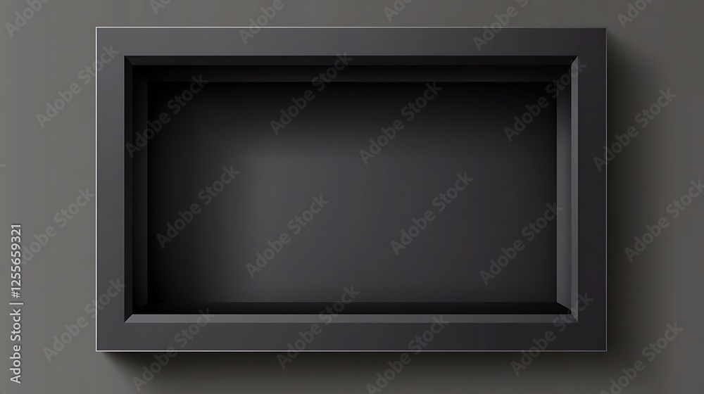Empty black shelf, grey wall, background Empty black shelf, grey wall, background