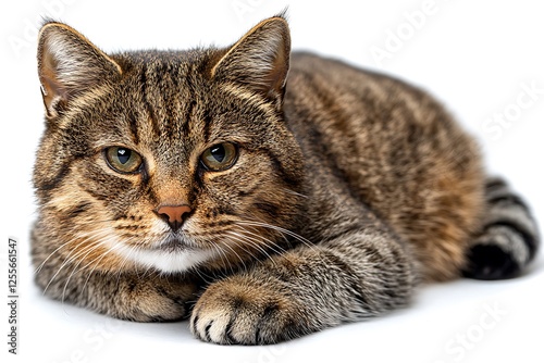 Visualize a serene cat perched gently on an unbroken white surface, fully illuminated to keep the background free of gray outlines. Sharp focusing details subtle color variations in the coat,  photo