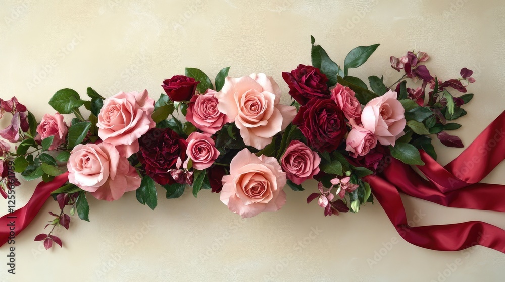 Obraz premium Soft pink roses paired with a bold red satin ribbon for a stunning Valentine's Day design filled with love and elegance