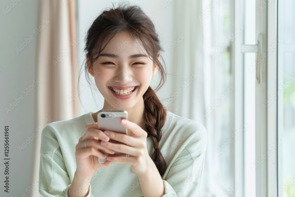 Elated Asian woman holding her smartphone, celebrating her big win with a wide smile, white backdrop Elated Asian woman holding her smartphone, celebrating her big win with a wide smile, white backdrop