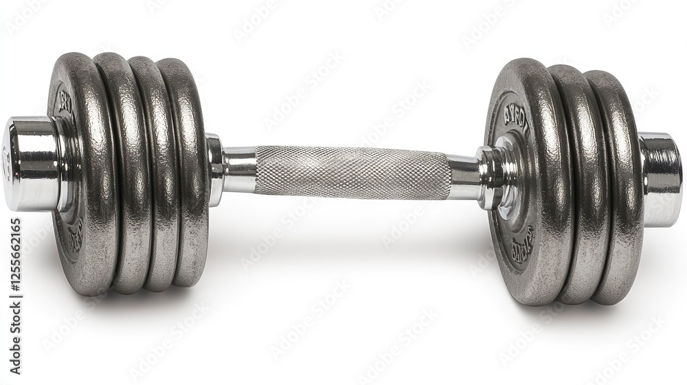 Fototapeta premium A close-up view of a shiny, adjustable dumbbell resting on a clean surface, showcasing fitness equipment