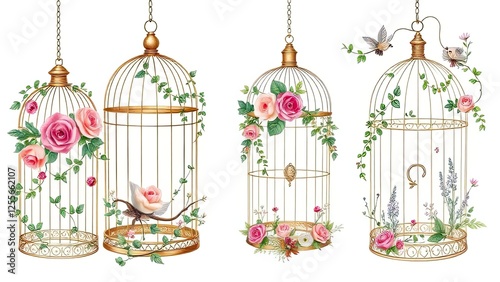 Elegant Gold Birdcages with Roses Flowers Spring Decor Romantic Vintage