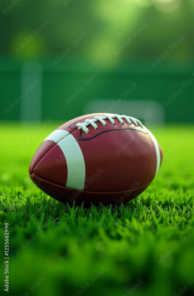 Close up of american football ball on a green blurred background with subtle white lines, an American football field Close up of american football ball on a green blurred background with subtle white lines, an American football field