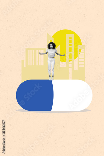 Template poster trend artwork 3D photo collage of pharmacy factory huge size pill drug dose young lady stand balance shocked staring photo