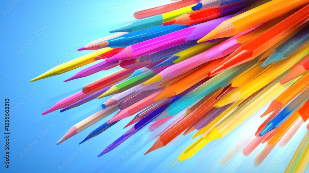 Colorful pencils burst, creative art supplies, blue background, education concept