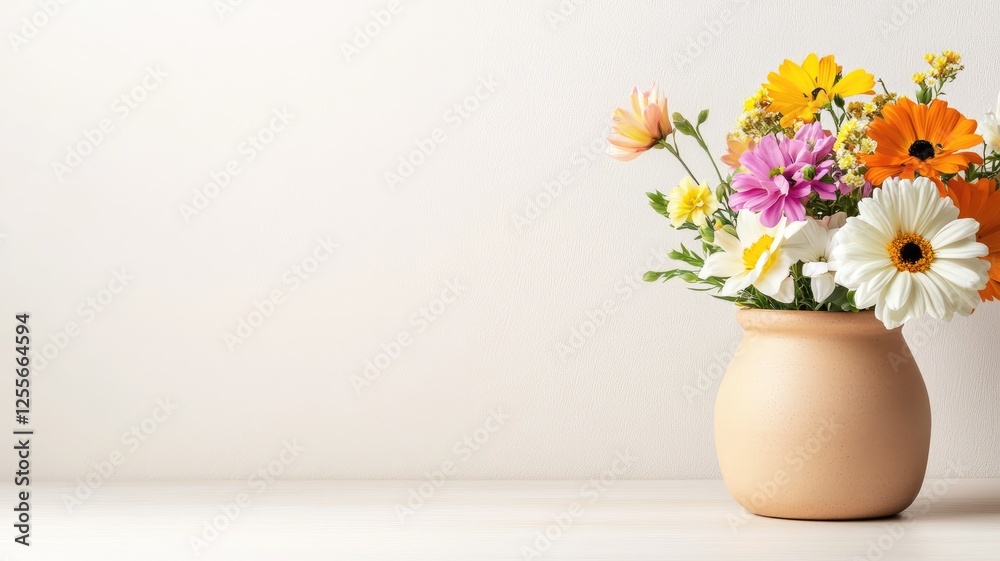 Bouquet of colorful flowers in vase on wooden surface Bouquet of colorful flowers in vase on wooden surface
