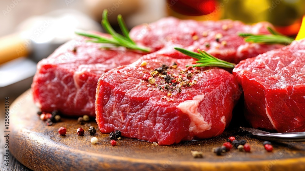 Various cuts of raw beef steaks with seasoning and utensils laid out, perfect for grilling, creating an appetizing food composition Various cuts of raw beef steaks with seasoning and utensils laid out, perfect for grilling, creating an appetizing food composition