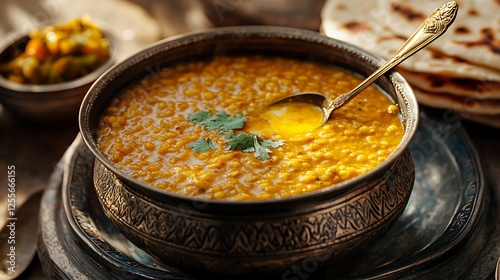 A traditional Indian kitchen setting, a bowl of hot dal tadka with a spoon drizzling fragrant ghee on top, served with crispy tandoori roti, pickles in a small clay bowl, brass utensils,