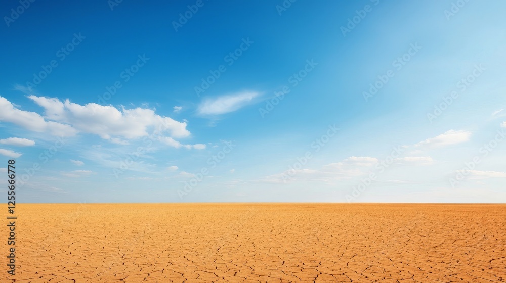 Naklejka premium Understanding Environmental Impact: Climate Change and Pollution Awareness, Vast sandy landscape under a clear blue sky with scattered clouds.