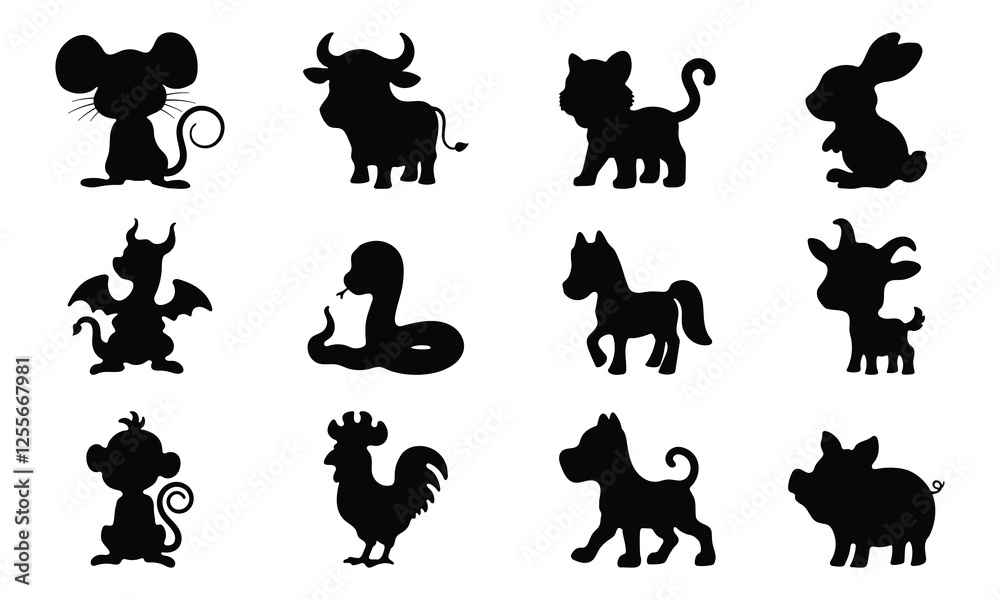 Obraz premium Animal shadow of zodiac year. Rat, ox or cow, tiger, rabbit, dragon, snake, horse, goat, monkey, chicken, dog and pig. Graphics for design on a white background. Vector illustration.