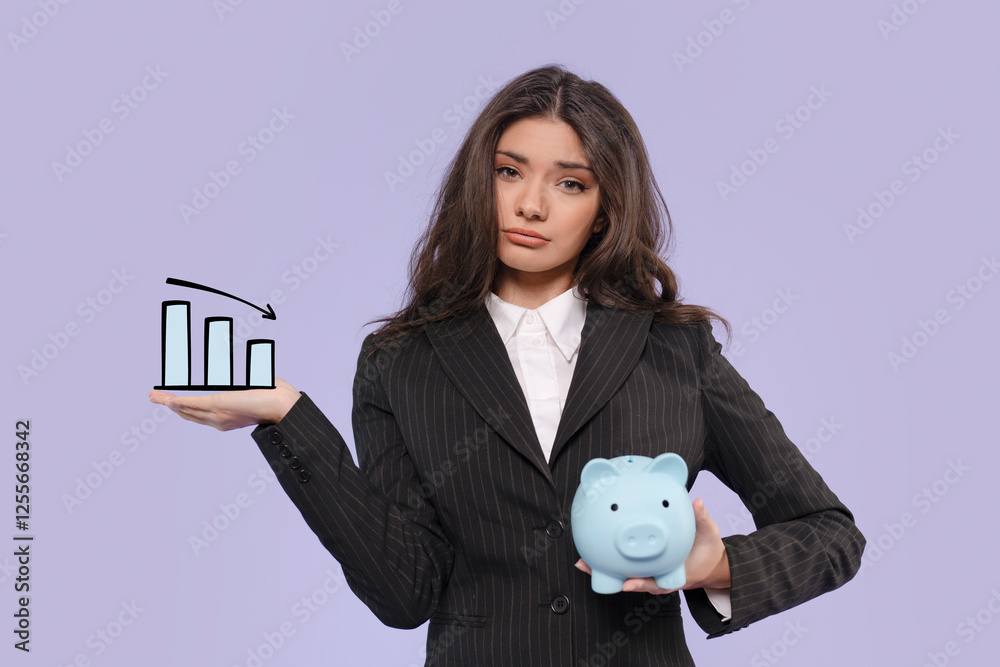 Businesswoman presenting financial growth with piggy bank and chart illustration Businesswoman presenting financial growth with piggy bank and chart illustration