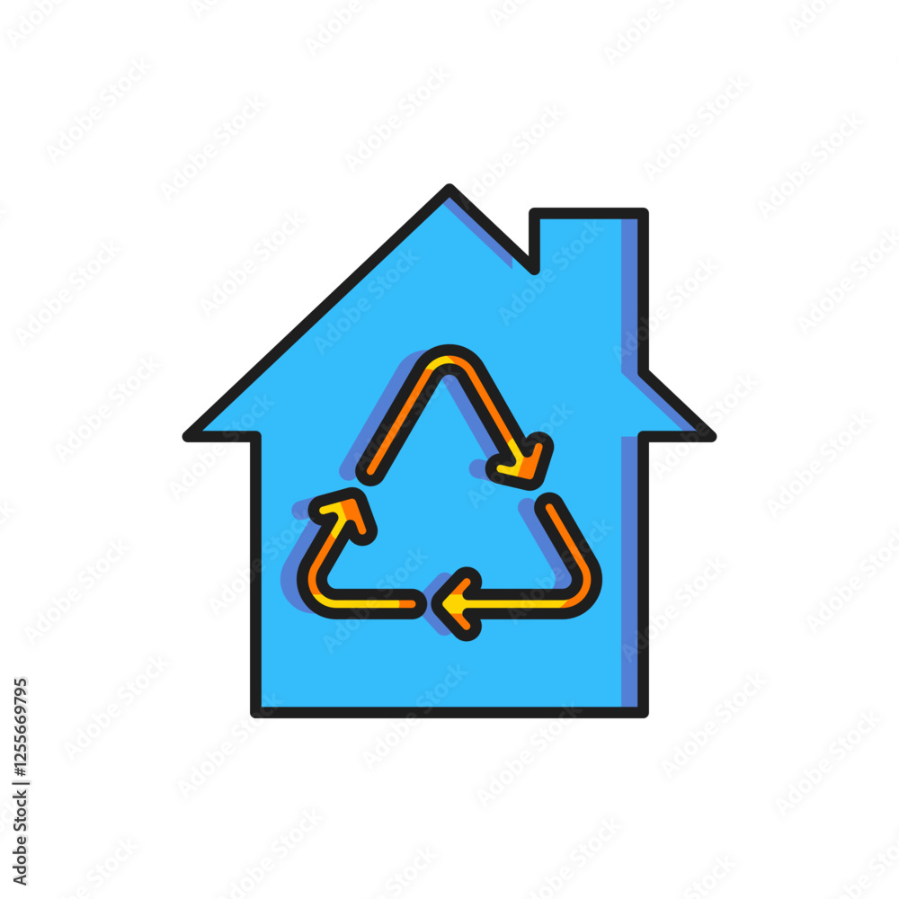 Color Eco House with recycling symbol icon isolated on white background. Ecology home with recycle arrows. Flat filled outline style with shadow. Vector Color Eco House with recycling symbol icon isolated on white background. Ecology home with recycle arrows. Flat filled outline style with shadow. Vector