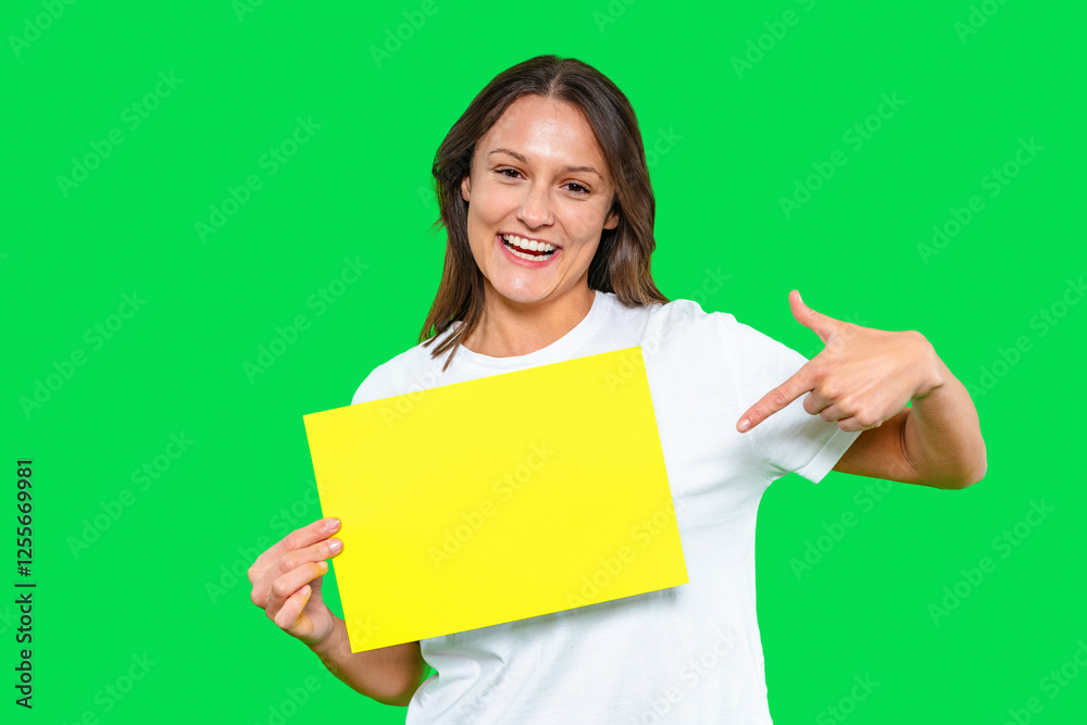 Smiling woman pointing at blank yellow sign against bright green background Smiling woman pointing at blank yellow sign against bright green background