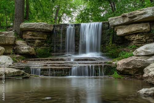 Serene Waterfall Flowing Over Mossy Rocks Into Pool
