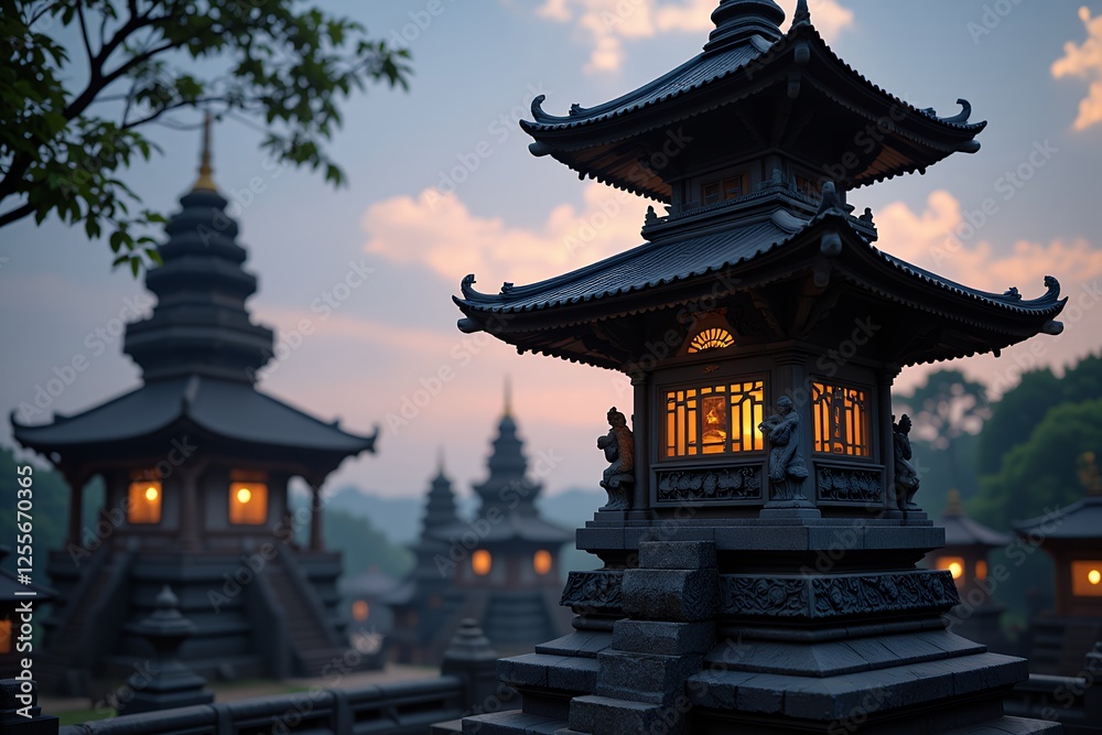 Naklejka premium Illuminated Asian Temple Pagoda at Dusk Tranquil Scenic View