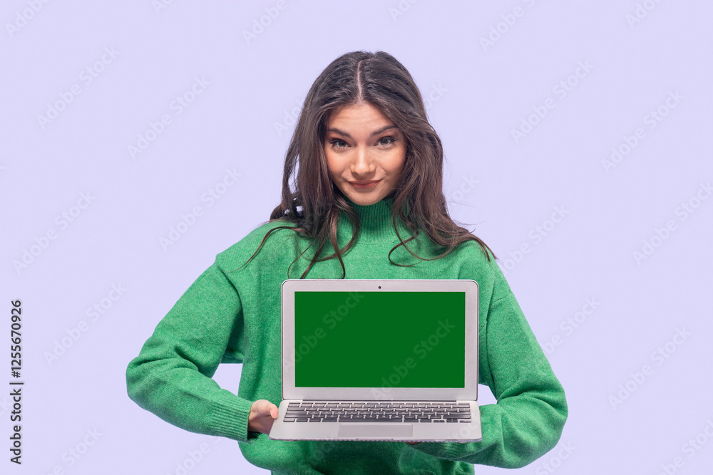 Naklejka premium Young woman sits cross-legged showing laptop on pastel background