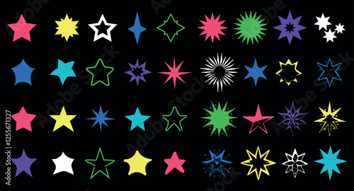 Various star shapes in multiple colors are arranged against a solid black background. This diverse collection can enhance creativity and artistic designs.