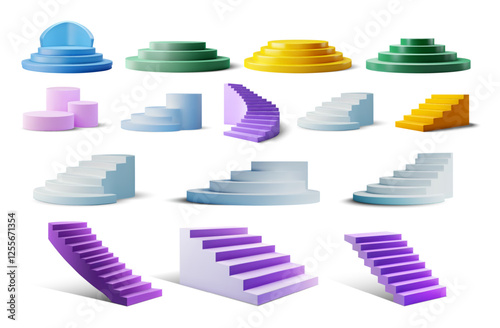 Different geometric shapes and stair designs are arranged in a modern layout, showcasing vibrant colors and unique forms that create visual interest.