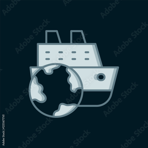 Line Cruise ship icon isolated on black background. Travel tourism nautical transport. Voyage passenger ship, cruise liner. Worldwide cruise. Flat filled outline style with shadow. Vector