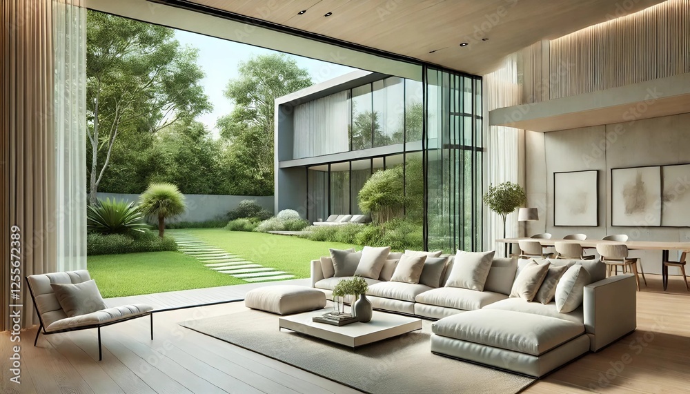 A stylish modern living room featuring cognac-colored leather sofas, a textured concrete wall, and elegant decor elements creating a cozy and sophisticated atmosphere