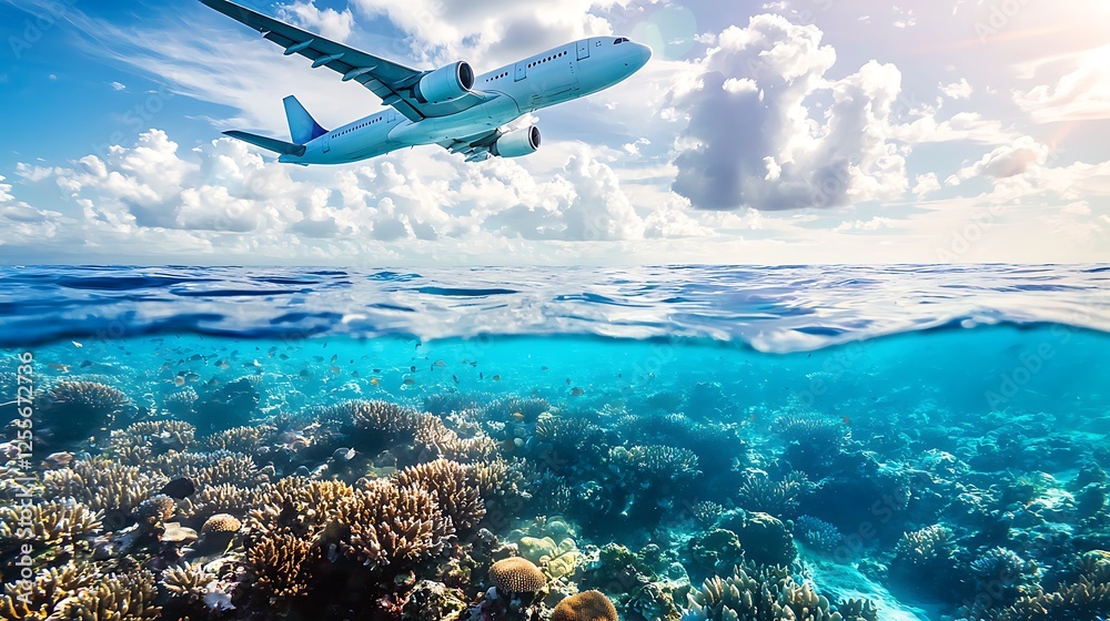 Fototapeta premium A white airplane flying over the ocean