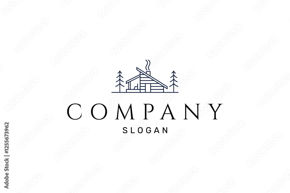 Fototapeta premium cottage logo with pine tree in line art design style
