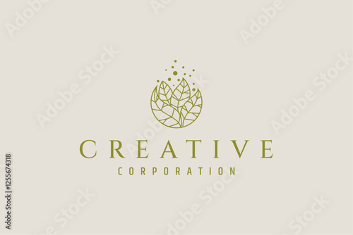 natural leaf logo with bubble dew elements in line art design style
