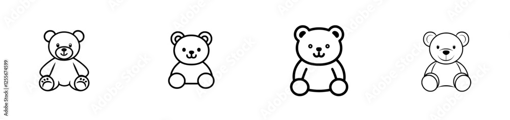 A modern, isolated sitting teddy bear toy depicted in a full-face, colorless black and white contour line drawing A modern, isolated sitting teddy bear toy depicted in a full-face, colorless black and white contour line drawing