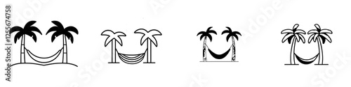 An illustration of a hammock suspended between two coconut trees rendered in black outline style