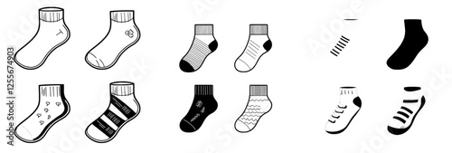 1. A set of unisex technical fashion socks illustrated in a flat apparel template, front view