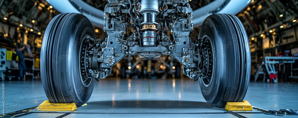 Fototapeta premium Airplane gear system. Close up of airplane landing gear in hangar, showcasing intricate mechanical details