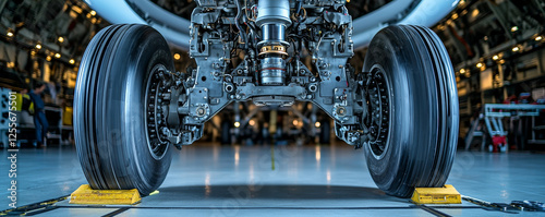 Airplane gear system. Close up of airplane landing gear in hangar, showcasing intricate mechanical details